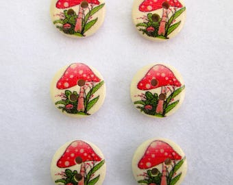 Set of 6 red toadstool wooden buttons, 15mm wood buttons, 2 holes