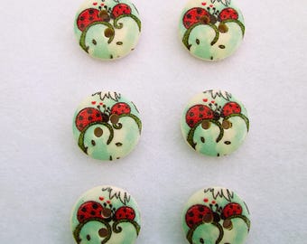 Set of 6 Ladybugs wooden buttons, 15mm wood buttons, 2 holes