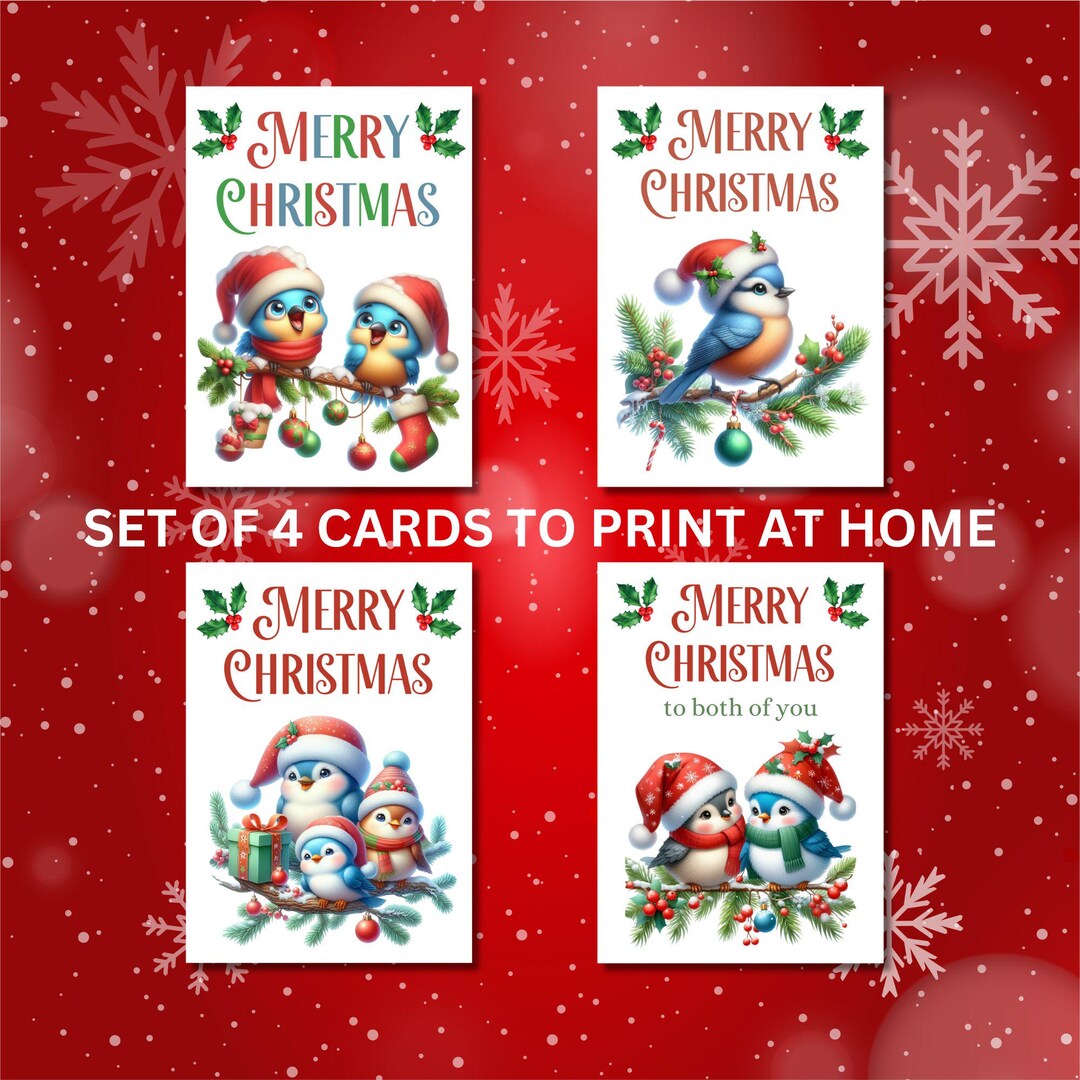Set of 4 Printable Birds Christmas Cards, Downloadable Xmas Greetings ...