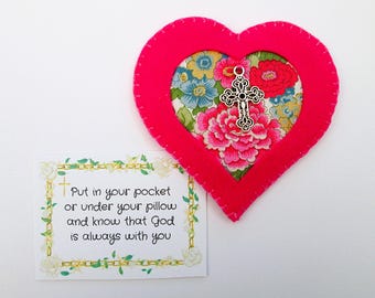 Christian Prayer Heart Pocket Hug with Liberty fabric, Cross Comfort Faith Keepsake, Sympathy gift