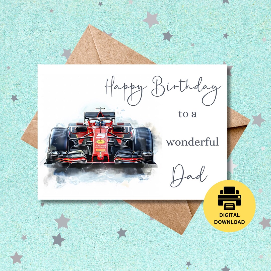Printable Racing Car Birthday Card for Dad, Instant Downloadable Greetings Card, Digital ...