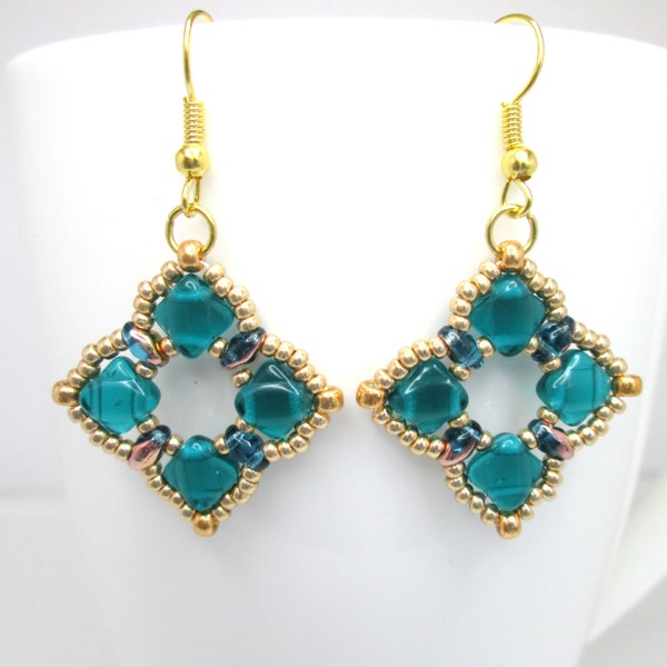 Teal and gold silky bead beadwoven earrings, blue zircon jewelry, diamond shaped, teal jewellery, ER010