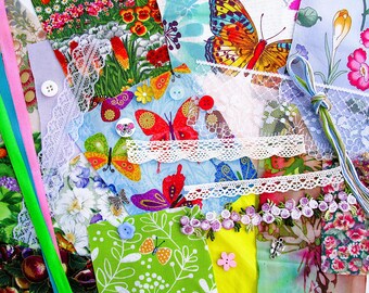 Butterflies and flowers mini slow stitch kit, floral fabric scraps pack, junk journal supplies