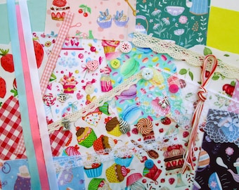 Afternoon tea party themed slow stitch kit, fabric scraps, cupcakes and baking junk journal supplies