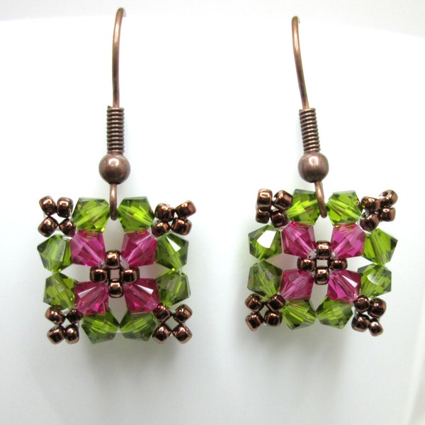 Fuchsia and olive square beaded swarovski elements earrings, autumn jewelry, mothers day, pink and green, fall earrings,