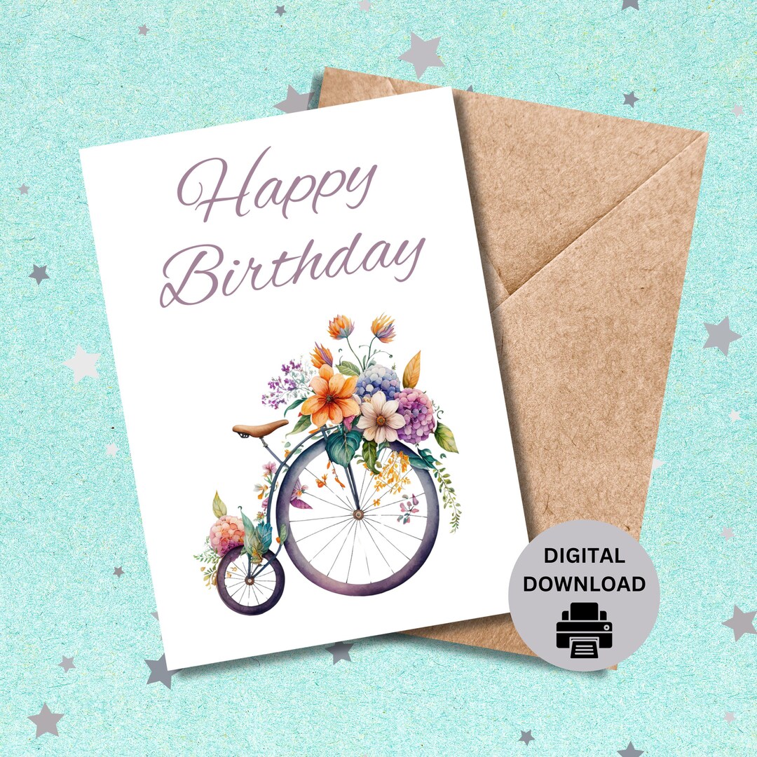 Printable Floral Penny Farthing Bicycle Birthday Card, Downloadable ...