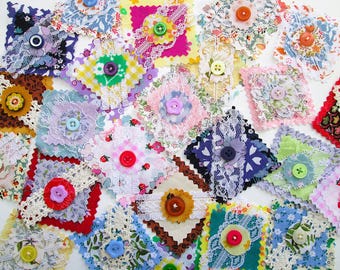 Set of 4 Fabric Snippets, Junk Journal Embellishments, Slow Stitching Appliques