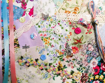 Mini cottage garden slow stitch kit, Floral Fabric Scraps, Beginner Junk Journal Supplies