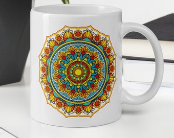 Yellow and orange coloured mandala 11 oz mug, spiritual gift, new age coffee cup