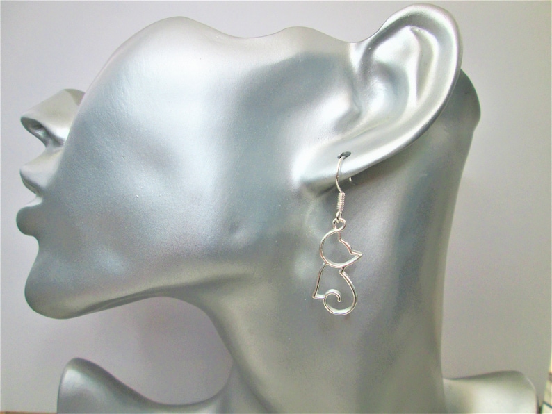 Cat dangle drop earrings with 925 sterling silver or silver plated ear wires cat jewelry UK seller