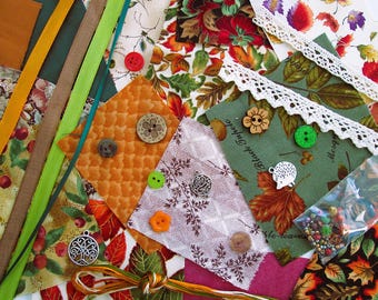Autumn mini slow stitch kit, fall fabric scraps pack for beginners, junk journal supplies