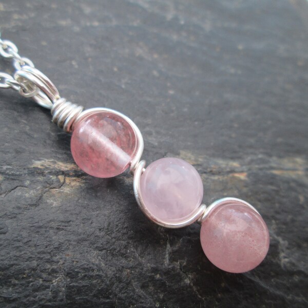 Cherry, Rose and Strawberry quartz crystal necklace, wire wrapped gemstone pendant, pink and silver bead jewelry