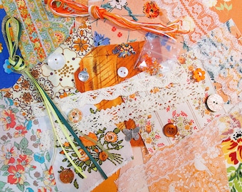 Orange mini slow stitch kit, fabric scraps pack for beginners, junk journal supplies