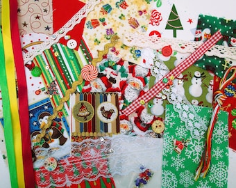 Christmas mini slow stitch kit #2, festive fabric scraps pack for beginners, junk journal supplies