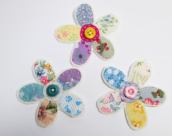 Fabric scrappy flower embellishments, set of 3 floral slow stitching applique patches