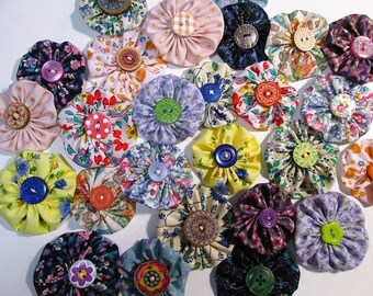 Hand sewn Suffolk puffs with buttons, yoyos for slow stitching embellishments, 2 sizes