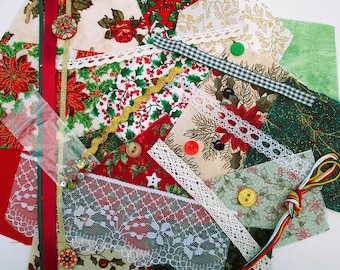 Botanical Christmas mini slow stitch kit, festive florals fabric scraps pack, junk journal supplies