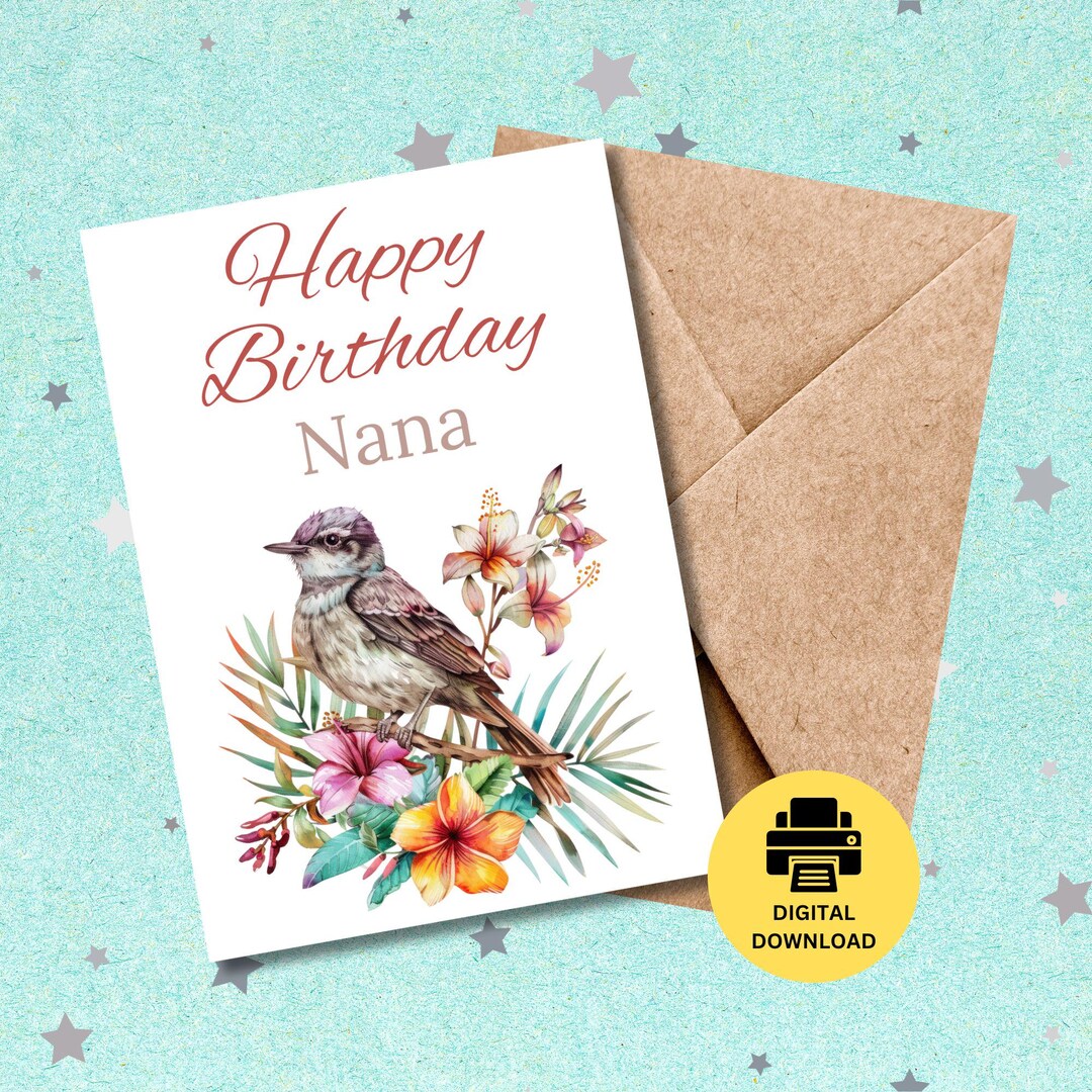 Printable Nana Birthday Card, Downloadable Bird Greetings Card, Digital ...