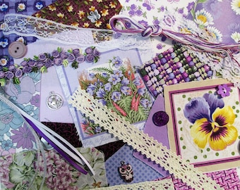 Purple mini slow stitch kit, fabric scraps pack for beginners, junk journal supplies