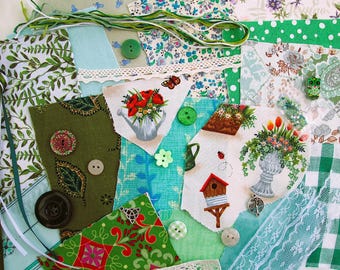 Green mini slow stitch kit, fabric scraps pack for beginners, junk journal supplies