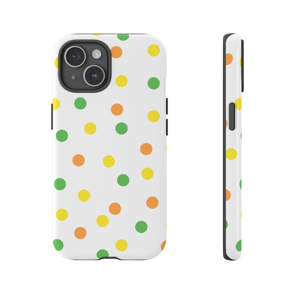 Polka dot spot phone case, available for iphone, Samsung Galaxy and Google Pixel, spotty smart phone cover, green, orange dotty phone case