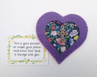 Handmade Prayer Heart Pocket Hug with Liberty fabric, Purple Christian Cross Comfort Keepsake