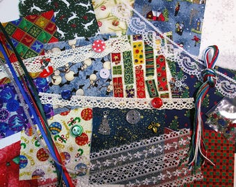 Christmas mini slow stitch kit, festive fabric scraps pack for beginners, junk journal supplies