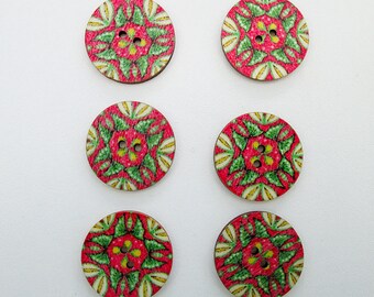 Red floral retro wooden buttons, 2.5 cm wood flower buttons - set of 6