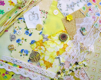 Yellow mini slow stitch kit, fabric scraps pack for beginners, junk journal supplies