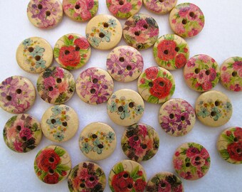 Set of 10 mixed floral wooden buttons, 15mm wood buttons, 2 holes