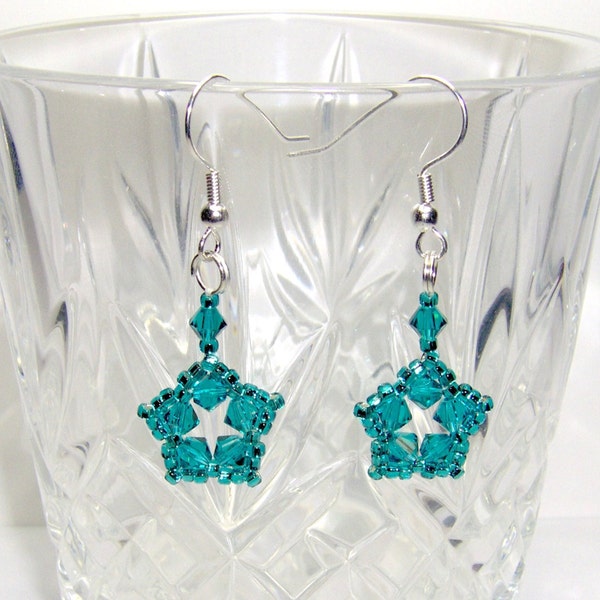 Teal swarovski elements earrings, star earrings, teal star earrings, crystal star, teal star, teal earrings, blue zircon earrings