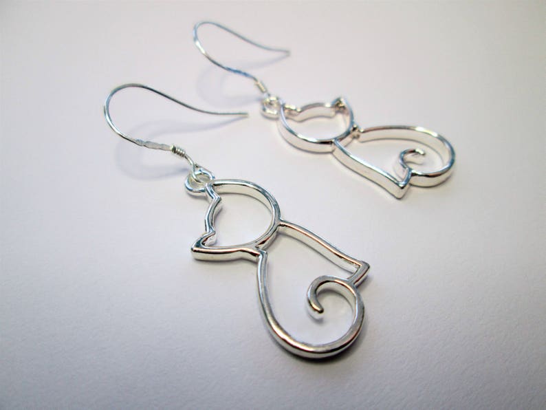 Cat dangle drop earrings with 925 sterling silver or silver plated ear wires cat jewelry UK seller