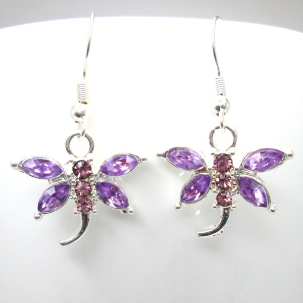 Purple rhinestone dragonfly earrings, purple earrings, dragonfly jewelry, spring gift, charm earrings,