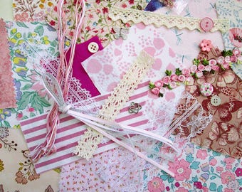 Pink mini slow stitch kit, fabric scraps pack for beginners, junk journal supplies