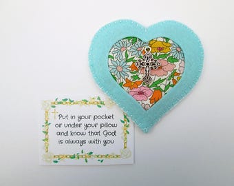 Handmade Prayer Heart Pocket Hug with Liberty fabric, Light Blue Christian Cross Comfort Keepsake
