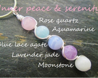Serenity peace and calm pendant, gemstone crystal necklace, wire wrapped gift, aquamarine, moonstone, rose quartz, blue lace agate