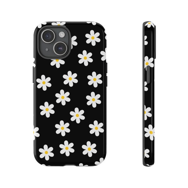 Black daisy tough phone case, for iphone, Samsung Galaxy and Google Pixel, black and white floral phone cover, daisy smart phone case gift