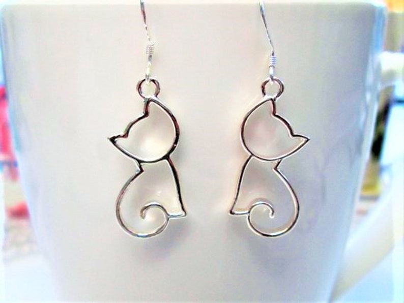 Cat dangle drop earrings with 925 sterling silver or silver plated ear wires cat jewelry UK seller