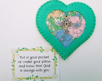 Christian Prayer Heart Pocket Hug with Liberty fabric, Cross Comfort Faith Keepsake, Sympathy gift