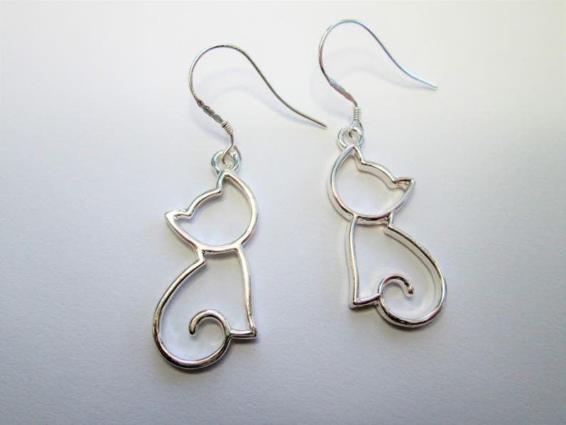 Cat dangle drop earrings with 925 sterling silver or silver plated ear wires cat jewelry UK seller