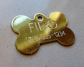 BRASS BONE Pet TAG Id For Dog Collar Name Engraved Plate X-Large (5.5cm)
