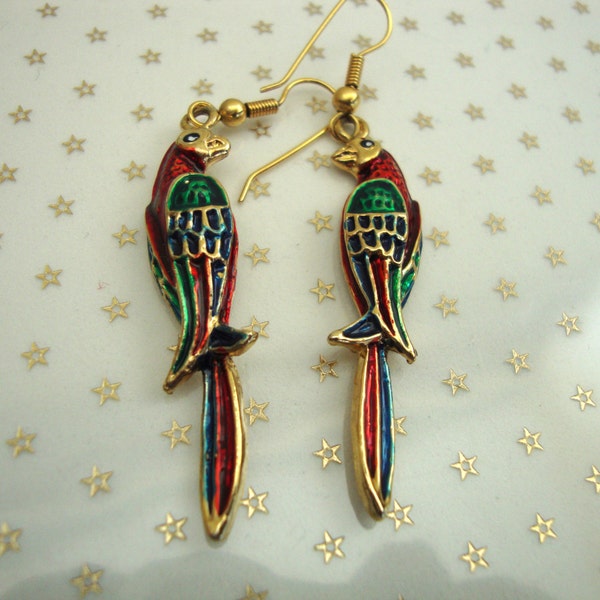 Vintage Parrot Bird Cloisonne Enamel Pierced Drop Earrings //80s//