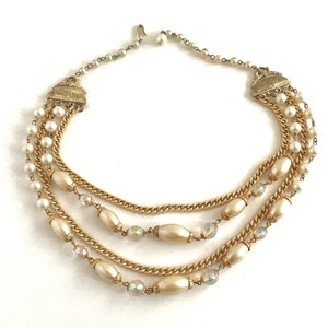VINTAGE 4 STRAND CHOKER, Mid Century Necklace, Hollywood Regency, 1960s Gold Tone, Retro Wedding, Iridescent Aurora Borealis Beads