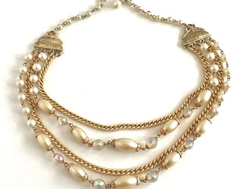 VINTAGE 4 STRAND CHOKER, Mid Century Necklace, Hollywood Regency, 1960s Gold Tone, Retro Wedding, Iridescent Aurora Borealis Beads
