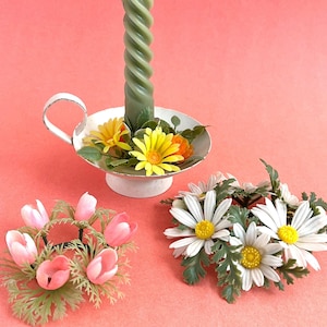 1960s FLOWER CANDLE WREATHS, Single Candlestick with Assorted Mini Rings, Changeable Floral Tiny Wreaths, Vintage Kitsch
