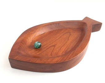 Vintage Mid Century Modern Wooden Fish Tray, Blue Marble Eye