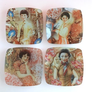 ASIAN GIRL PLATES, Vintage Decoupage Glass, Chinese Soap Ads, Lovely Ladies Plate, Set of 4,