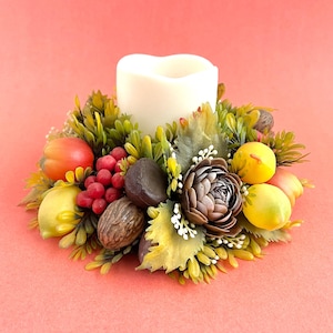 CANDLE RING WREATH, Autumn Faux Fruit,  Candleholder ,Fall Centerpiece, Plastic 1960s Kitsch, Retro Home Decor, Apples Pears Grapes Nuts