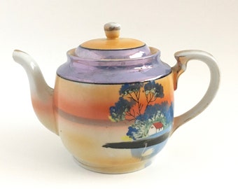 Periwinkle Blue Vintage Japanese Blue Floral Lusterware Hand Painted Teapot Orange