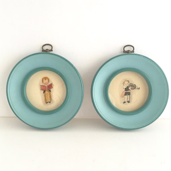 TINY WATERCOLOR DRAWINGS, Original Artwork, Set of 2, Little Boy Playing Violin, Singing, Round Blue Frames,